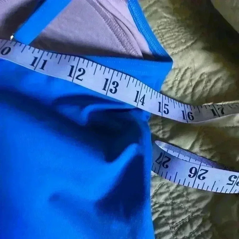 Lands End 6L blue swim dress. Adj straps, full suit under dress. Lined. EUC.